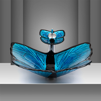 Lavabo de luxe moderne en verre trempé bleu motif papillon pour toilettes publiques, salles de bain familiales et hôtels
