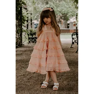 Детское платье с бантом, платье большого размера из органзы с оборками, платье с завязывающимся бантом на плечах для маленьких девочек