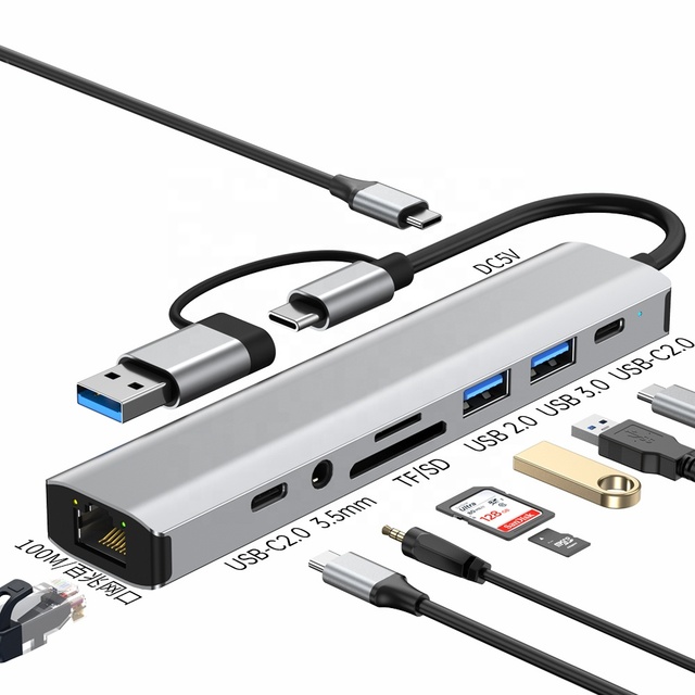 High Quality Hot Sales Usb Hubs 9 in 2 TYPE-C to RJ45 100Mbps+USB 3.0+USB 2.0+SD/TF+USB 2.0 * 2+DC5V+3.5mm Audio