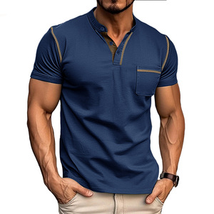 2024 verano transfronterizo europeo americano hombres manga corta sólido Anti-pilling cuello en V Regular Fit poliéster/algodón Henry camisa - Product Image 1