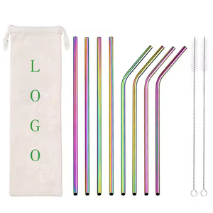 Paille à boire en acier inoxydable avec logo personnalisé réutilisable courbée droite or argent arc-en-ciel noir 30cm avec brosses de nettoyage - Product Image 5