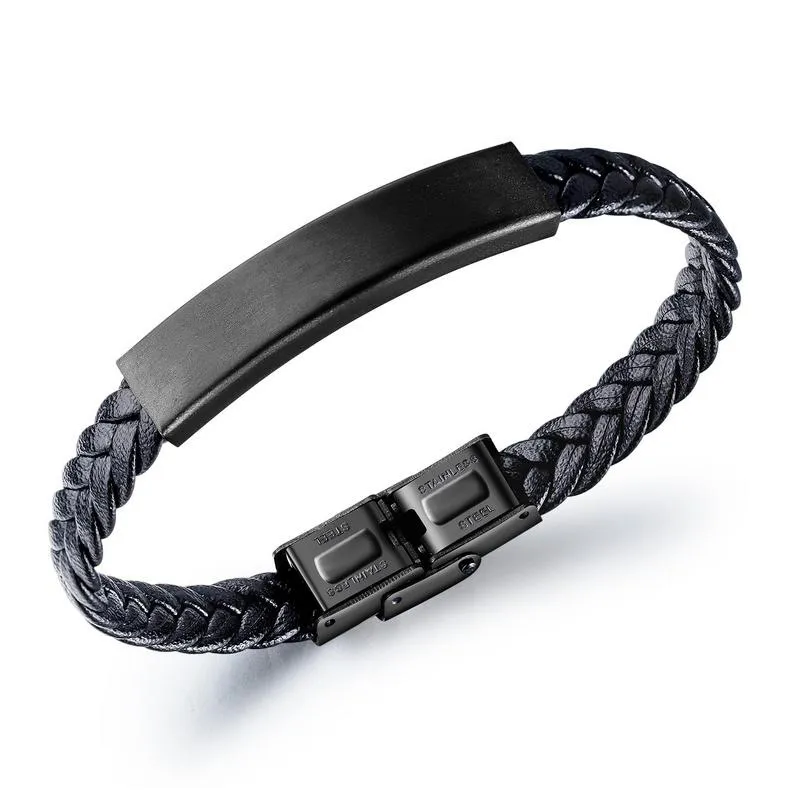 High Quality Stainless Steel Bracelets For Men Black Braided Leather Handmade Bracelet Engravable Jewelry Wholesale