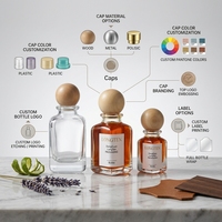 Flacon de parfum en verre de luxe carré 30ml 50ml avec étiquette, vaporisateur à fine brume, bouchon en bois pour emballage, bouchon personnalisé disponible