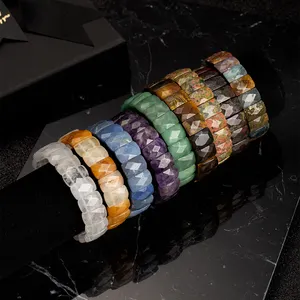 Factory Natural Gemstone 16*10mm Oval Faceted Beaded Bracelets Crystal Quartz Stretch Bracelet Bangles Hand Band for Gifts