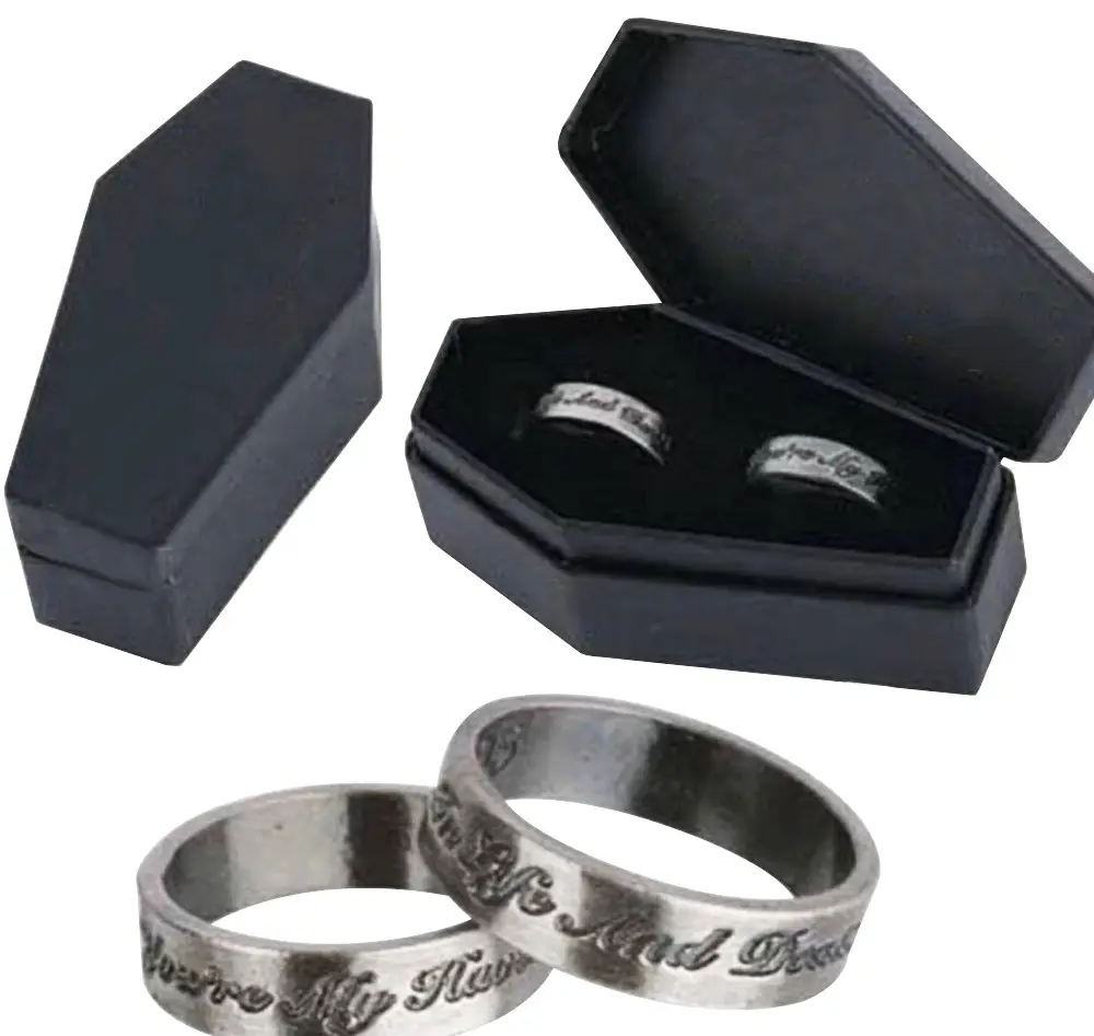 custom printed logo black cardboard coffin shape double ring jewellery lapel pin packaging gift box with foam insert
