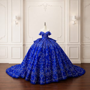 Lsmc143 Elegante Vestido de Quinceañera Azul Cobalto con Hombros Brillantes, Apliques de Encaje Barroco, Cola Capilla, Largo hasta el Suelo, para Fiesta - Product Image 3