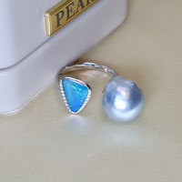 Bague de luxe en or 18 carats avec opale, diamant naturel 0,046 ct, perle baroque blanche d'Australie de mer du Sud bleu sang naturel 12-13 mm