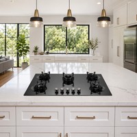Table de cuisson à gaz encastrable 5 brûleurs en verre trempé noir avec couvercle en acier et allumage par impulsions, pour gaz naturel, idéale pour la maison, les restaurants et les cuisines.
