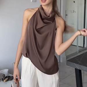 Top Halter de Satén para Mujer, Color Sólido, <span class=keywords><strong>Sin</strong></span> Espalda, <span class=keywords><strong>Sin</strong></span> Mangas, <span class=keywords><strong>Blusa</strong></span> Casual de Moda Urbana para Verano - Product Image 2