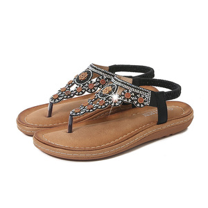 Elegant Floral Rhinestone T-Strap Flat <b>Sandals</b> With Back Strap Open Toe Slip-On Women's Summer Shoes - Product Image 1