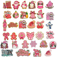 Patch brodé en chenille avec bordure pailletée rose mignon, motif Père Noël, thermocollant/autocollant, pour décoration