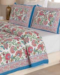 Couvre-lit réversible en coton imprimé à la main, motif floral rouge et bleu, style Kantha indien, rayé, taille King, Jaipur - Product Image 4