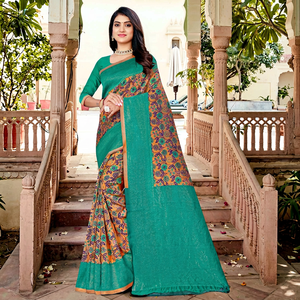 Traditional <b>Green</b> <b>Silk</b> Saree With Floral Print And Golden Border For Wedding And Festival Wear Women - Product Image 1