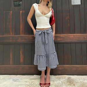 Summer Casual Vacation Style Black White Checkered Bow <b>Tie</b> Skirt A Line Long Skirt holiday beach skirt - Product Image 3