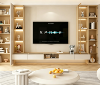 Meuble TV mural de style européen moderne avec design incurvé, sur mesure pour les salons et les chambres, entrepreneur en aménagement intérieur