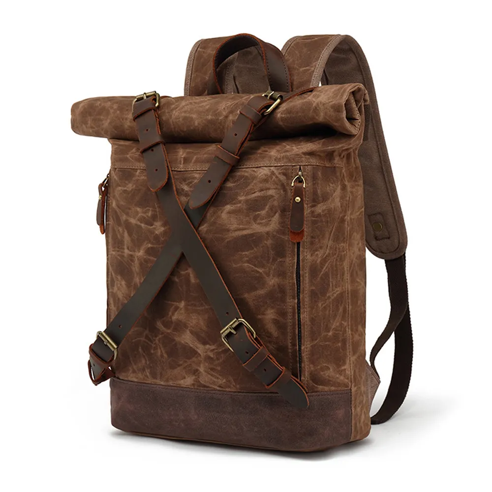 Vintage Multiple Pockets Waterproof Genuine Leather Waxy Canvas Backpack Durable Portable Fahion Rucksack School Bag