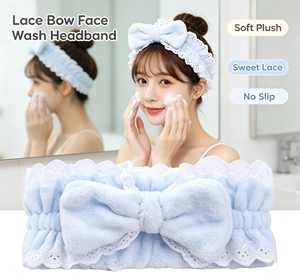 Factory Custom Plush <b>Lace</b> Spa Hair Band Bow <b>Elasticity</b> Wide Headband Makeup Face Wash Promotional Hair Accessories - Product Image 1
