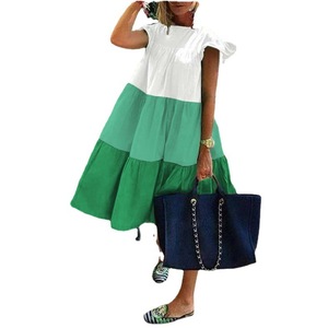Casual Dress Women Three Color Patchwork <b>Elastic</b> Waist O Neck Full <b>Skirt</b> Leisure Style Contrast Color Print Dress - Product Image 5