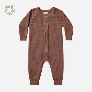 Bouton bébé pull barboteuses naturel bébé vêtements gaufre à manches longues bébé combinaison coton biologique tricot côtes barboteuse pour bébé