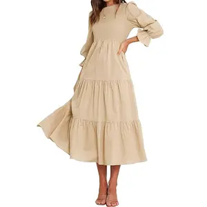 Women Casual Long Sleeve Crew Neck Fall Dress Bohemian Relaxed Fit Floral Flowy Maxi Dresses Tiered Cocktail Dress