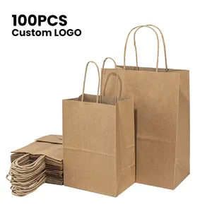 Bolsa de papel de compras con logotipo personalizado, bolsas de papel Kraft con mango, color marrón y blanco, con tu logotipo, venta al por mayor