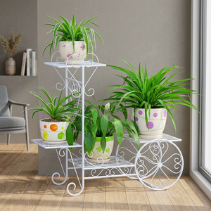 Modern White <b>Metal</b> Flower <b>Stand</b> With Wheels For Indoor <b>Plants</b> Decorative <b>Plant</b> Holder With Three Tiers Powder Coated Finish - Product Image 5
