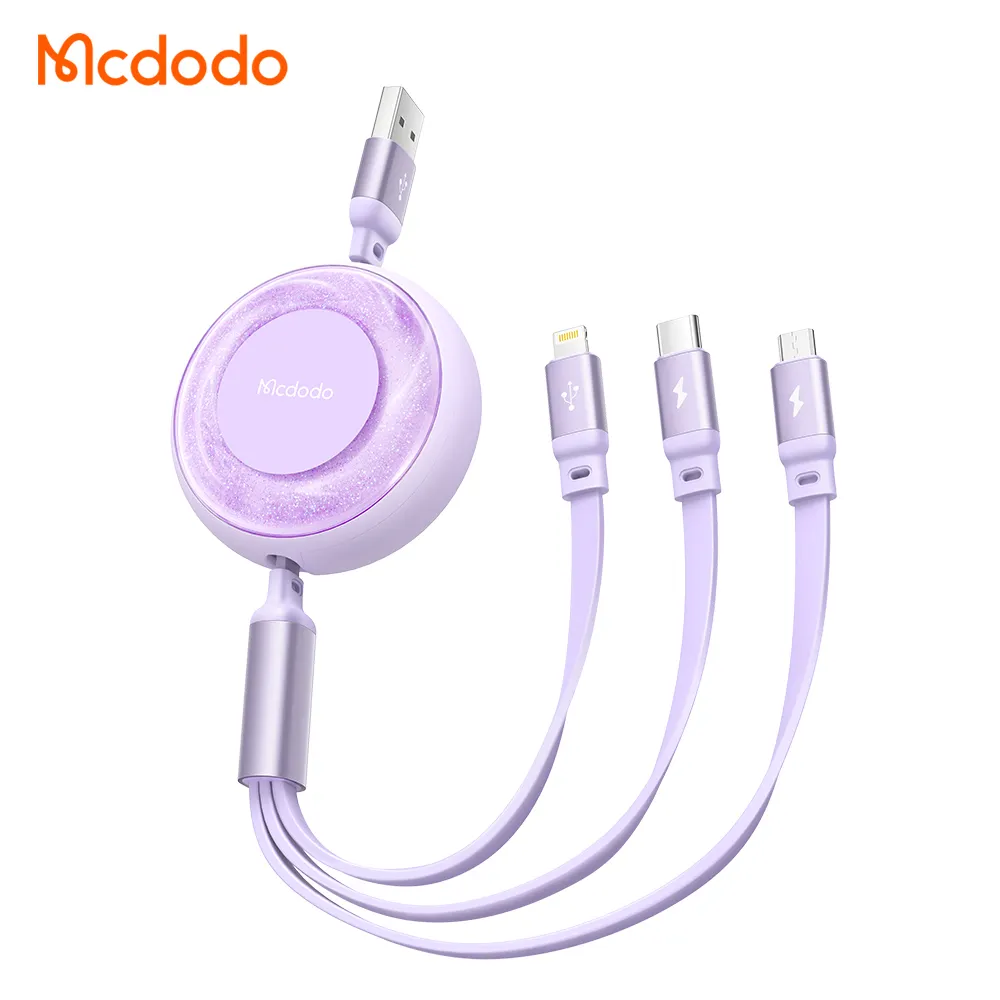 Multi Charging Cable 3A 1.2m Luminous 3 in 1 Retractable Charging USB Cable Fast Charger Cord Adapter with IP/Type C/Micro USB