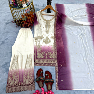 New Indian Pakistani Women's Designer <b>Purple</b> Sharara Suit Palazzo Dupatta Heavy Faux Georgette Fabric Modern Ethnic <b>Dress</b> - Product Image 1