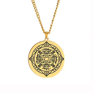 HLSS081 INRI AGLA Sigil Magic Symbols Seal Wheel of Fortune and Protection of the Archangels Stainless Steel Pendant Necklace