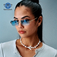 Teenyoun vente en gros marque hommes rectangulaire métal UV400 miroir dégradé bleu diamant coupe lentille femmes sans monture lunettes de soleil Logo personnalisé