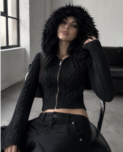 Chaqueta de punto de lana corta para mujer, corte ajustado, informal, con cremallera, <span class=keywords><strong>cuello</strong></span> de piel de zorro auténtica, cálida, para otoño - Product Image 3