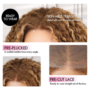 Perruques en cheveux humains bouclés birmans blonds avec mèches, densité 250 %, sans colle, avec closure en dentelle pré-découpée 5x5, vente en gros - Product Image 3