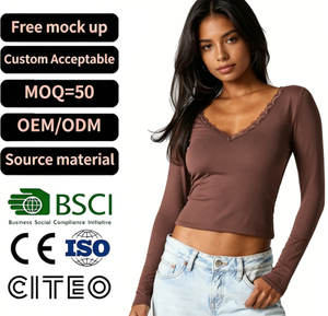 <span class=keywords><strong>T</strong></span>-<span class=keywords><strong>shirt</strong></span> <span class=keywords><strong>femme</strong></span> personnalisé avec logo, <span class=keywords><strong>col</strong></span> en <span class=keywords><strong>V</strong></span>, dentelle, manches longues, coupe ajustée, décontracté, couleur unie, crop top pour l'é<span class=keywords><strong>t</strong></span>é - Product Image 1