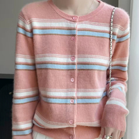 Maßgefertigte Reine Kaschmir-Strickjacke für Damen mit Rundhalsausschnitt und Streifenmuster, Locker und Figurbetont Sitzender Pullover-Mantel