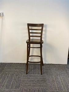 Tabouret de bar en bois à lattes brun foncé avec pieds courbés pour hôtel, bar lounge, comptoir de bar de restaurant occidental - Product Image 3