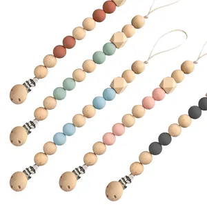 Großhandel Beißring Perlen Silikon Baby Schnuller Clip mit Holz perlen