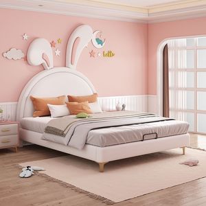 Childrens <b>Bed</b> Pink Bunny Design Solid Wood And Genuine Leather Single <b>Double</b> Size Kids Bedroom Furniture - Product Image 2