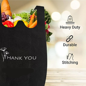 Bolsas de supermercado reciclables y lavables de tela no tejida negras con corte en W para camisetas y chalecos, con mensaje de agradecimiento - Product Image 4