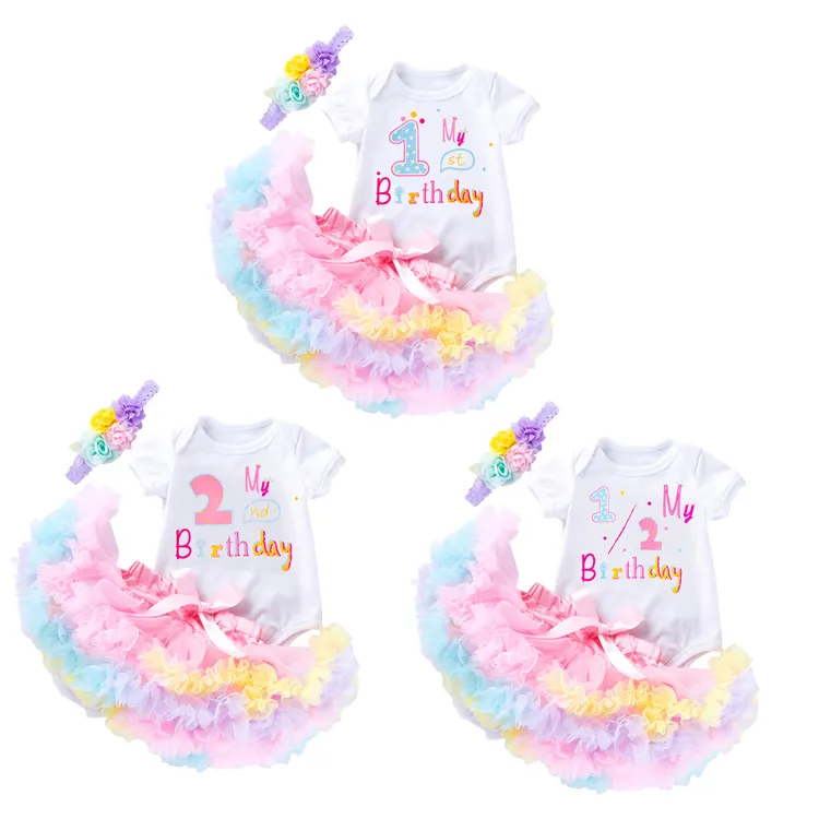 Hot Selling Dress Kids Girl White Top Pink Flower Gauze Skirt Lovely Sweet Dresses Baby Girl 1 Year 1st Birthday Outfit 3pcs
