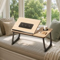 Table de lit pliable en bois avec ventilateurs USB doubles, 5 angles réglables, cadre métallique, pour canapé et dortoir