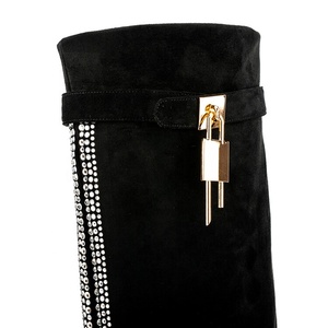 Shark Lock Soft Flock Long Booties Overlay Women's Bling Diamonds Knee High <b>Boots</b> Low Square Heels Shoes Big Size 45 Wide Fit - Product Image 4