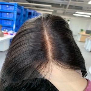 Parrucca con Top in Pizzo Kosher Ebraico, Capelli Umani Vergini Russi, Nodi Decolorati, Linea Naturale della Capella, Marrone Scuro, Ondulata Naturale - Product Image 1