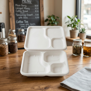 Plateau repas écologique 3 compartiments en bagasse blanche avec couvercle, qualité alimentaire, compostable, jetable - Product Image 5