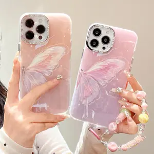 Ins Girly 3D Pearl Heart IMD Shell for iPhone 14 15 promax Electroplating Pink Gradient Butterfly With Bracelet Chain Phone Case