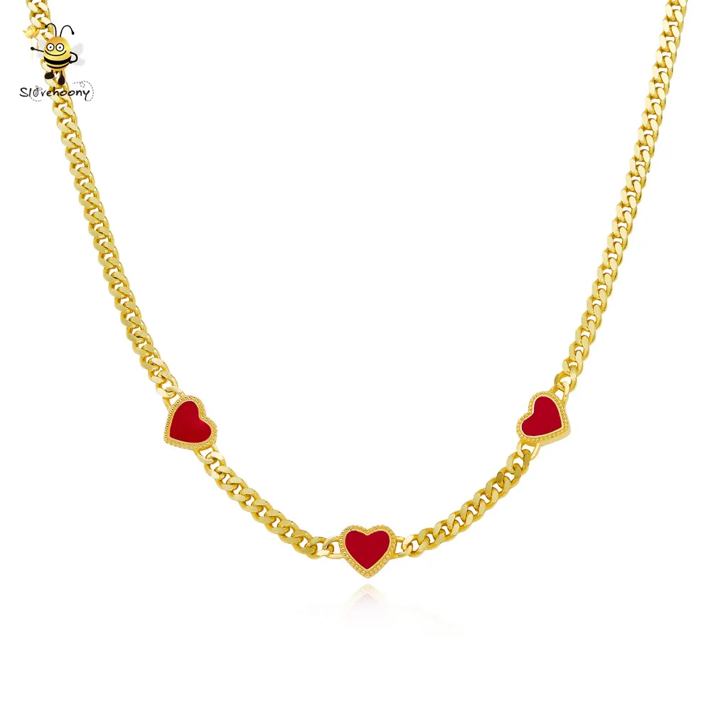 Women Hip Hop Fine Jewelry 925 Sterling Silver Enamel Red Hearts Pendant Choker Necklace With Adjustable Chunky Chain