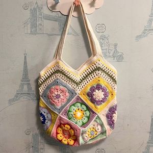 100% Hand-Crocheted Women's Grandmother Bag Creative Sweet Crochet Rainbow Wavy <b>Basket</b> Accessory Handbag Two Straps Open Closure - Product Image 5