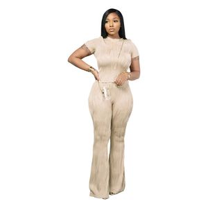 Conjunto de 2 Piezas Casual para Mujer, Top de Manga Corta con Cuello Redondo y Pantalones con Rayas Onduladas, a la Moda - Product Image 5