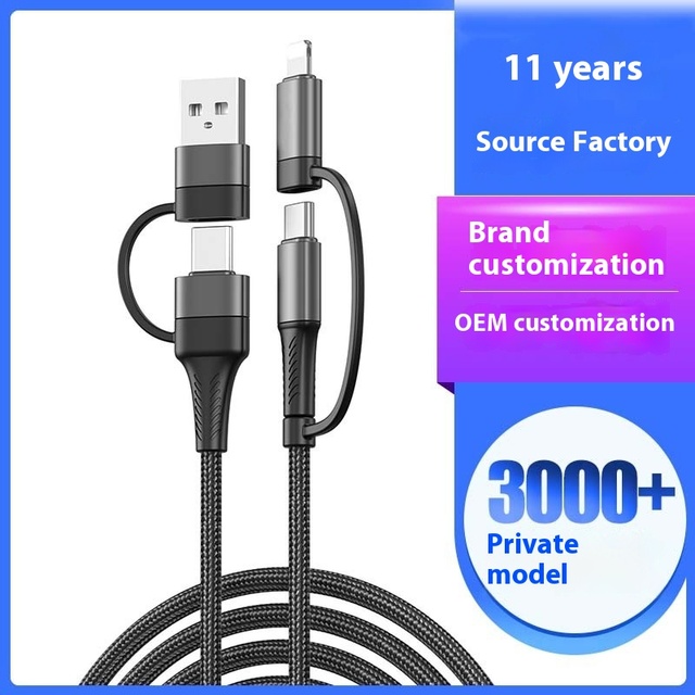 Multifunctional Four-In-One PD 60W 3A Fast Charging Type-C Nylon Jacket Tinned Copper Four-Port One Cable for Camera Use