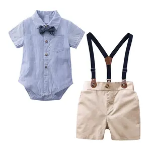Популярные летние официальные рубашки для маленьких мальчиков, комбинезоны, короткая одежда, детский джентльменский костюм с бантом, Комбинезоны для младенцев, комплект одежды для маленьких мальчиков
