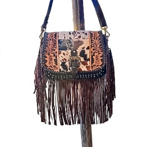 Bolso Bandolera de Cuero Genuino Hecho a Mano con Flecos y Pelo de Piel, Estilo Bohemio Occidental, para Mujer - Product Image 1